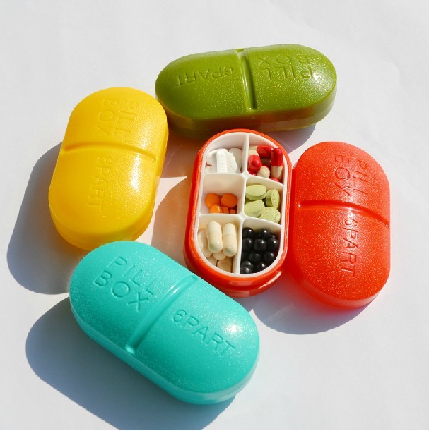 药丸型造型小药盒-黄色(六格丸型,随身小药盒)